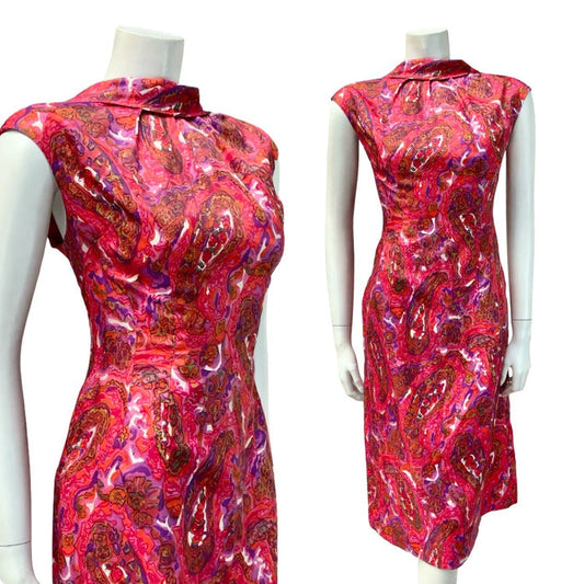 VTG 60S PINK PURPLE BROWN PSYCHEDELIC FLORAL PAISLEY MOD MIDI DRESS 14