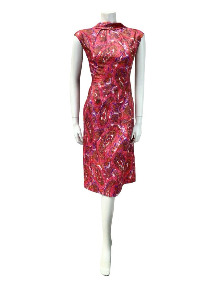 VTG 60S PINK PURPLE BROWN PSYCHEDELIC FLORAL PAISLEY MOD MIDI DRESS 14