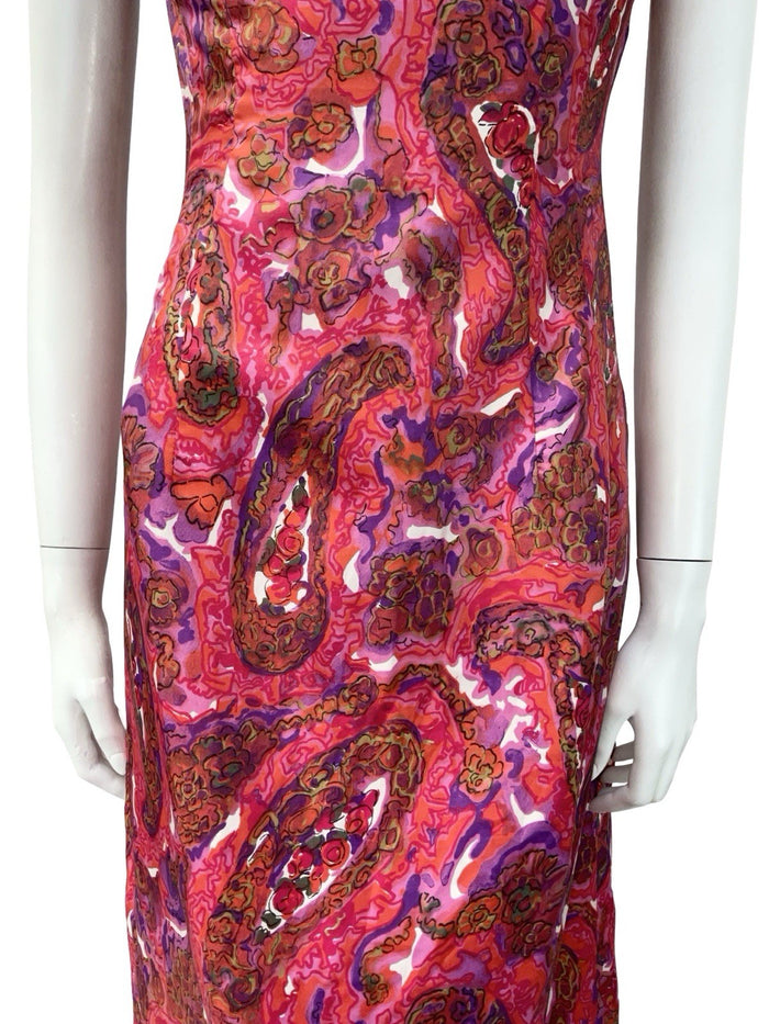 VTG 60S PINK PURPLE BROWN PSYCHEDELIC FLORAL PAISLEY MOD MIDI DRESS 14