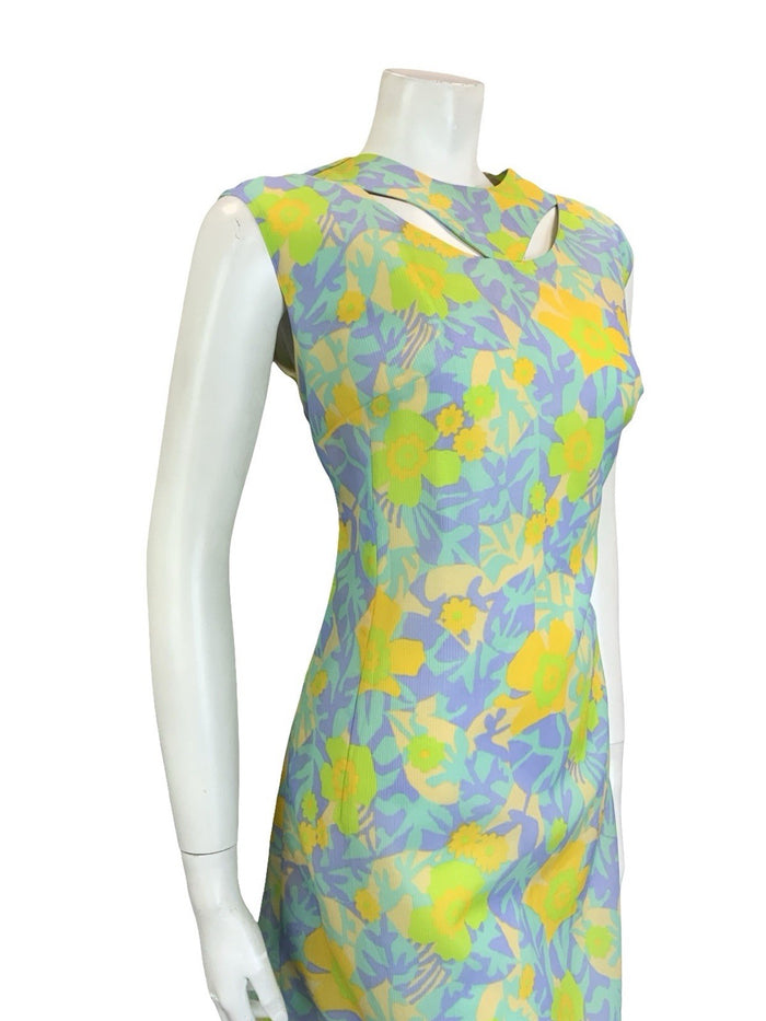 VTG 60S PSYCHEDELIC GREEN YELLOW PURPLE FLORAL LEAF CUT OUT SHIFT DRESS 14 16
