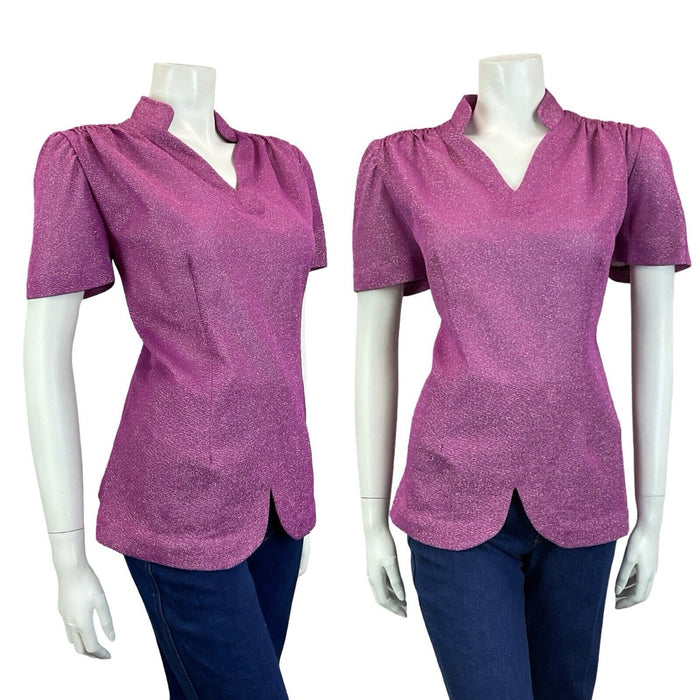 VTG 60S PURPLE OPEN MANDARIN COLLAR SHORT SLEEVE SCALLOPED DART PARTY TOP 16