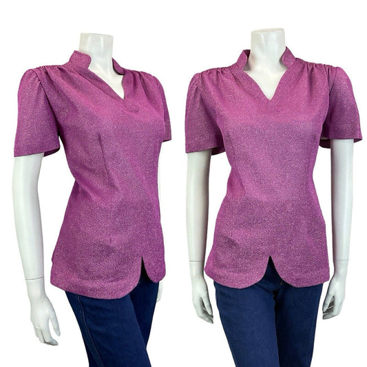 VTG 60S PURPLE OPEN MANDARIN COLLAR SHORT SLEEVE SCALLOPED DART PARTY TOP 16