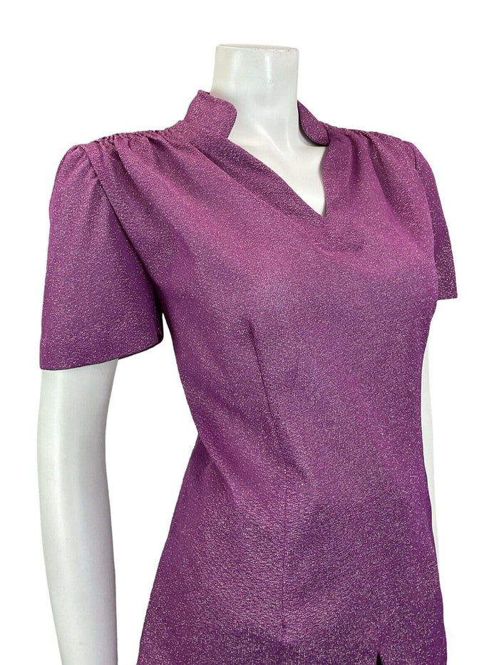 VTG 60S PURPLE OPEN MANDARIN COLLAR SHORT SLEEVE SCALLOPED DART PARTY TOP 16