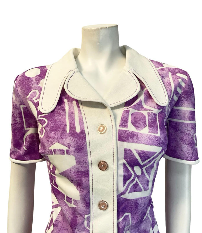 VTG 60S PURPLE WHITE GEOMETRIC DOG EAR NOTCH LAPEL COLLAR SHIRT DRESS 16 14