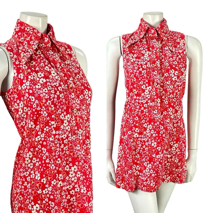 VTG 60S RED WHITE MOD GOGO FLORAL DAGGER COLLAR SHIFT SUPER MINI DRESS 8