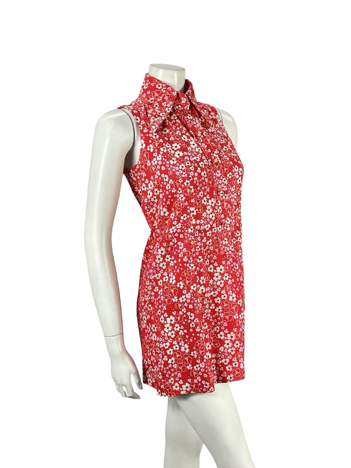 VTG 60S RED WHITE MOD GOGO FLORAL DAGGER COLLAR SHIFT SUPER MINI DRESS 8