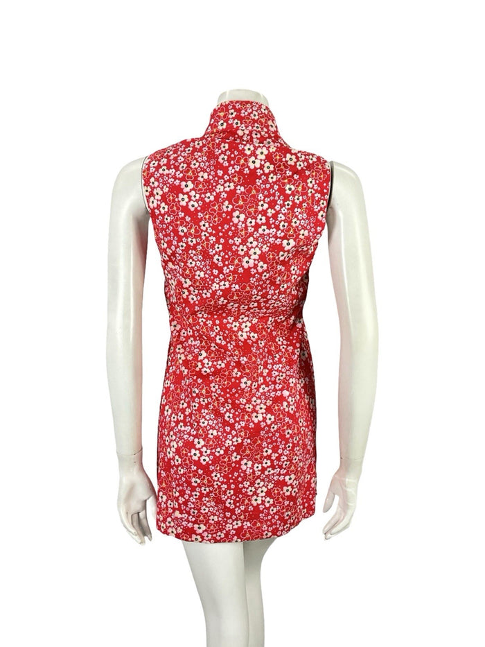 VTG 60S RED WHITE MOD GOGO FLORAL DAGGER COLLAR SHIFT SUPER MINI DRESS 8