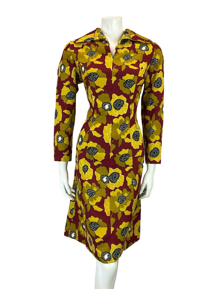 VTG 60S RED YELLOW OPEN ROUNDED WING COLLAR FLORAL SHIRT SHEATH DRESS 12