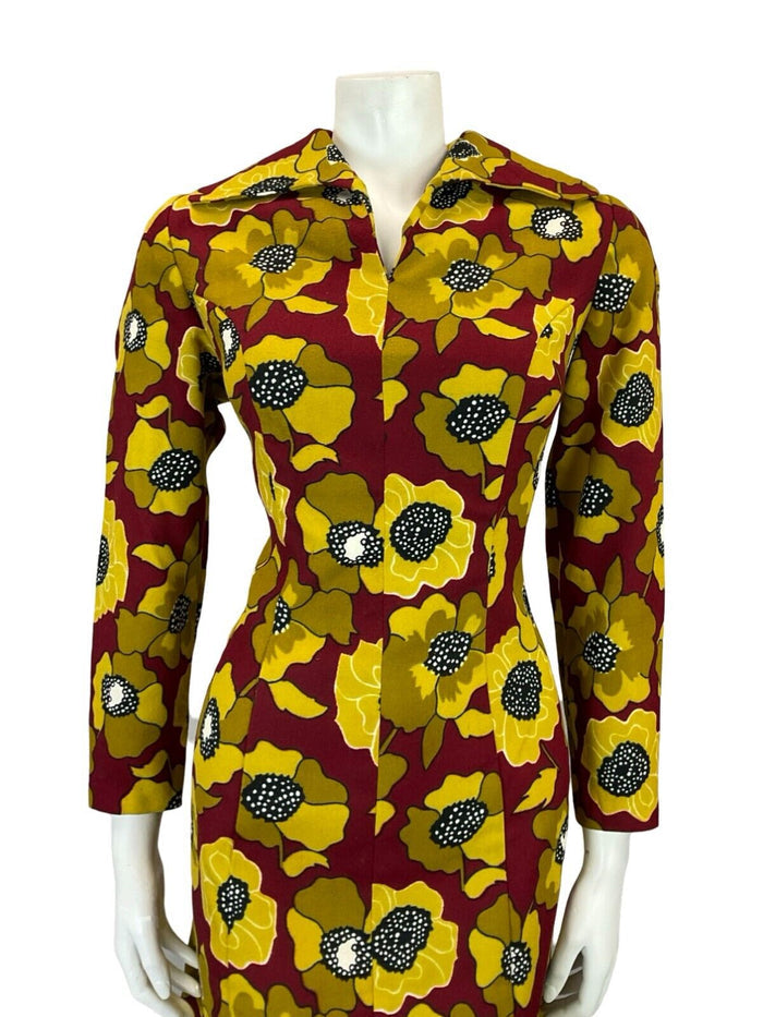 VTG 60S RED YELLOW OPEN ROUNDED WING COLLAR FLORAL SHIRT SHEATH DRESS 12
