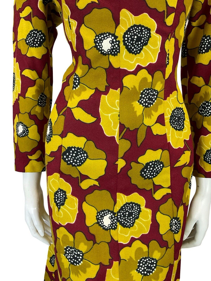 VTG 60S RED YELLOW OPEN ROUNDED WING COLLAR FLORAL SHIRT SHEATH DRESS 12