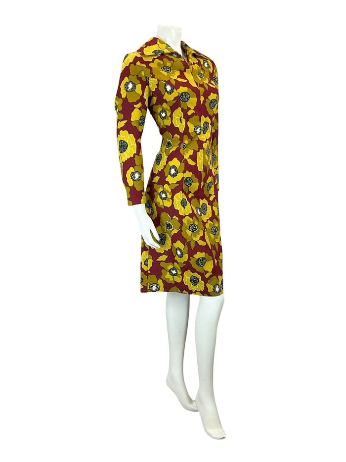 VTG 60S RED YELLOW OPEN ROUNDED WING COLLAR FLORAL SHIRT SHEATH DRESS 12