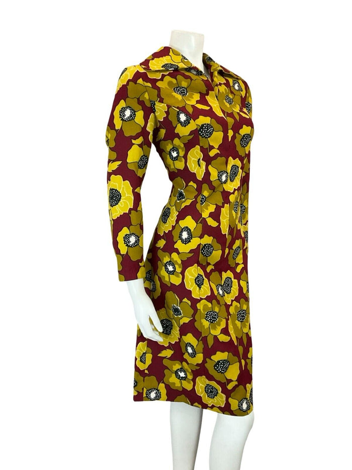 VTG 60S RED YELLOW OPEN ROUNDED WING COLLAR FLORAL SHIRT SHEATH DRESS 12