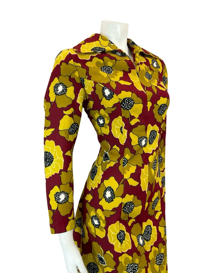VTG 60S RED YELLOW OPEN ROUNDED WING COLLAR FLORAL SHIRT SHEATH DRESS 12