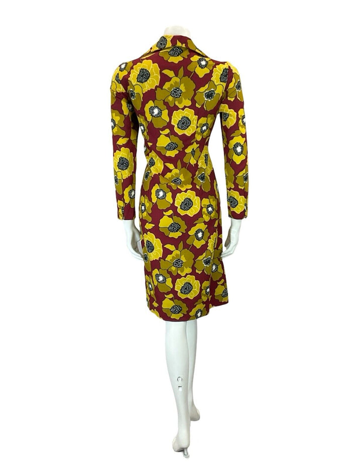 VTG 60S RED YELLOW OPEN ROUNDED WING COLLAR FLORAL SHIRT SHEATH DRESS 12