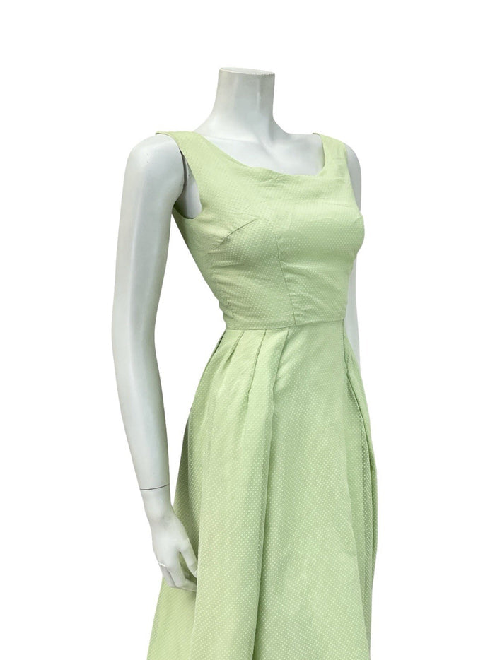 VTG 60S SAGE GREEN CREAM SWISS DOT PLEATED EVENING FORMAL COCKTAIL DRESS 4