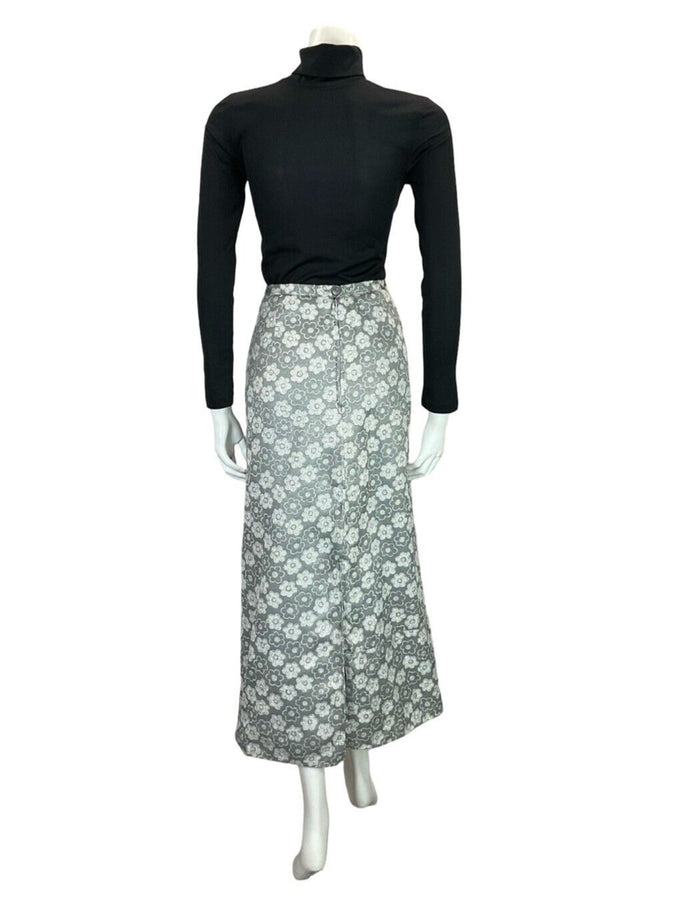 VTG 60s SILVER WHITE LUREX DAISY TWO TONE MOD PARTY MIDI SKIRT SIZE 10