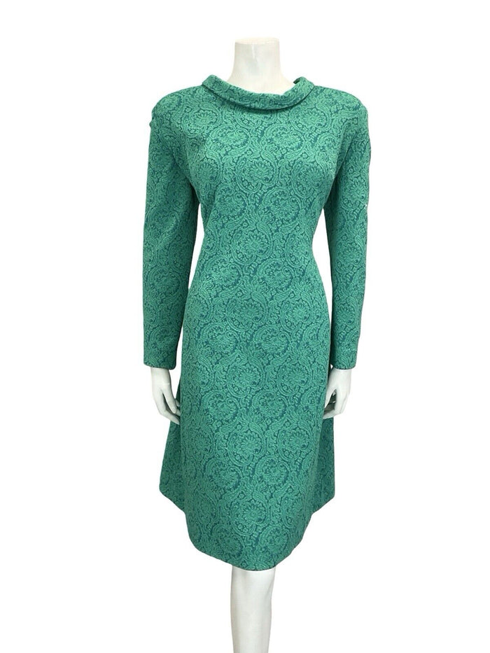 VTG 60S TEAL BLUE GREEN SPARKLY PAISLEY ROUNDED COLLAR PARTY MIDI DRESS 16