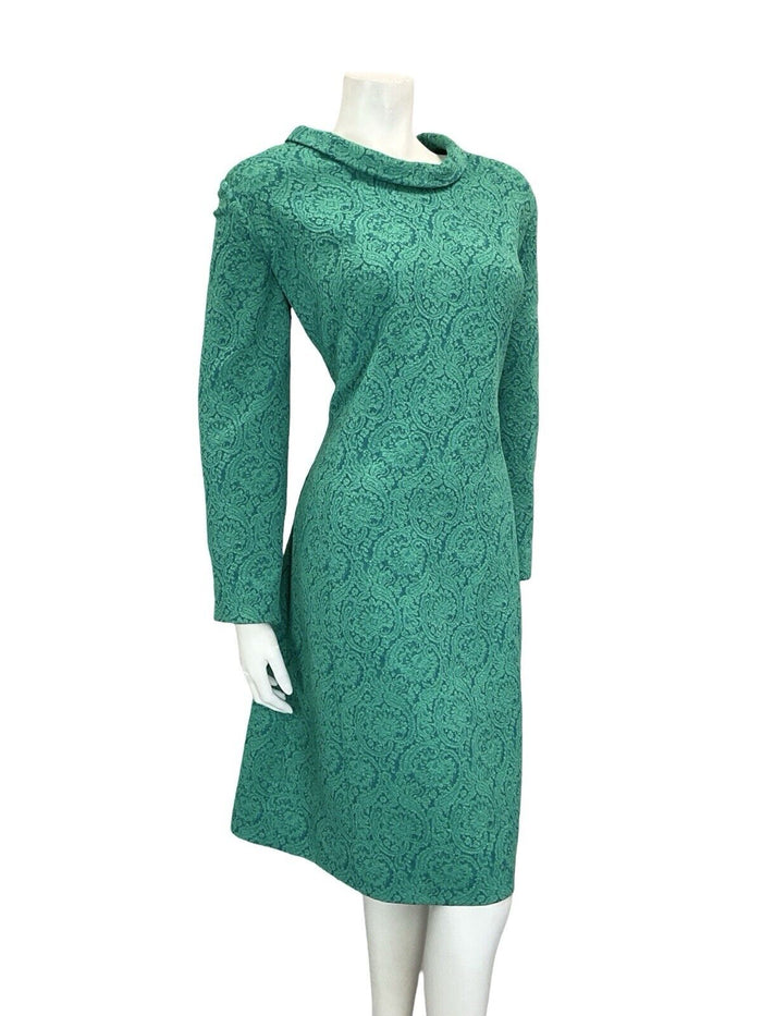 VTG 60S TEAL BLUE GREEN SPARKLY PAISLEY ROUNDED COLLAR PARTY MIDI DRESS 16
