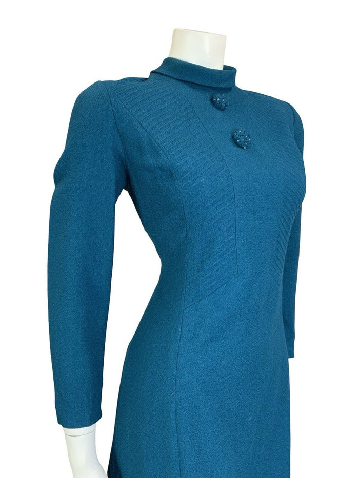 VTG 60S TEAL BLUE WOOL TEXTURED TAILORED CLEAR BEADED MOD GOGO SHIFT DRESS 12
