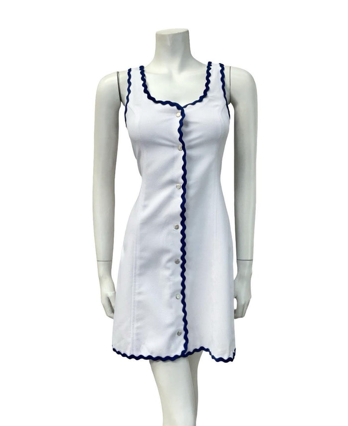 VTG 60S WHITE BLUE SPORTY MOD GOGO SCOOP NECK WAVY TRIM SUN DRESS 4