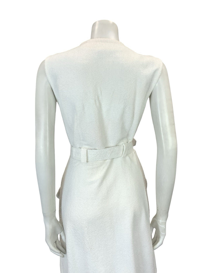 VTG 60S WHITE GOLD DOUBLE BREAST MOD GOGO TOWELLING BELTED DRESS 12