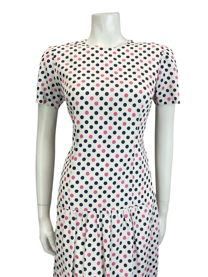 VTG 60S WHITE PINK NAVY BLUE MOD POLKA DOT GEOMETRIC DROPPED WAIST MINI DRESS 12