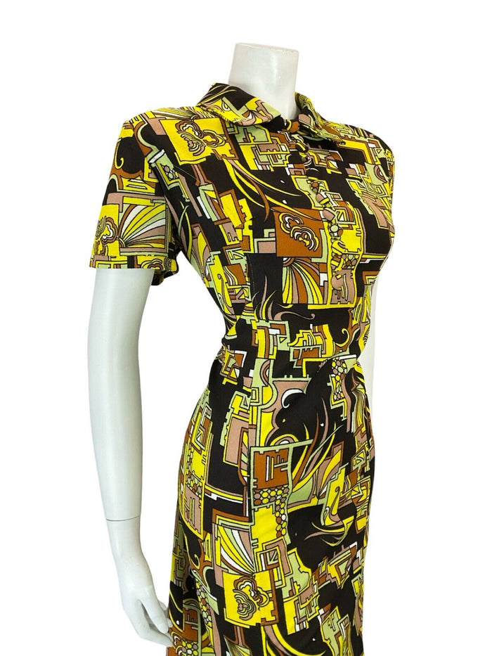 VTG 60S YELLOW BLACK ORANGE GREEN GEOMETRIC PSYCHEDELIC SHIRT DRESS 16 18 L