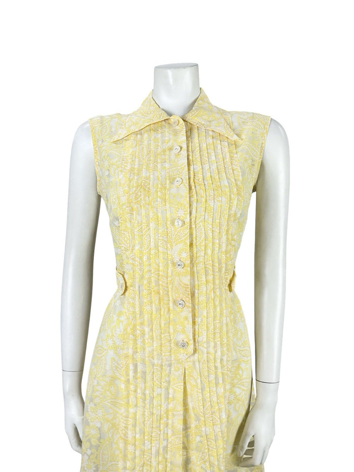 VTG 60S YELLOW WHITE PSYCHEDELIC MOD PLEATED PAISLEY FLORAL MINI SHIRT DRESS 12