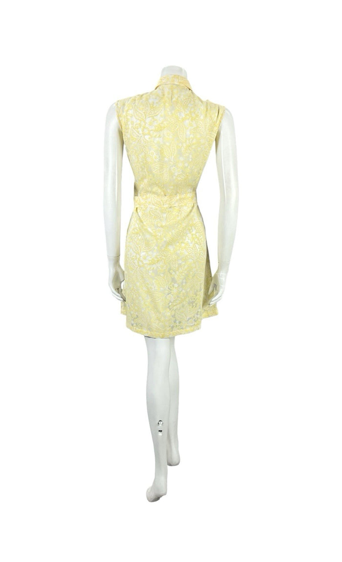 VTG 60S YELLOW WHITE PSYCHEDELIC MOD PLEATED PAISLEY FLORAL MINI SHIRT DRESS 12