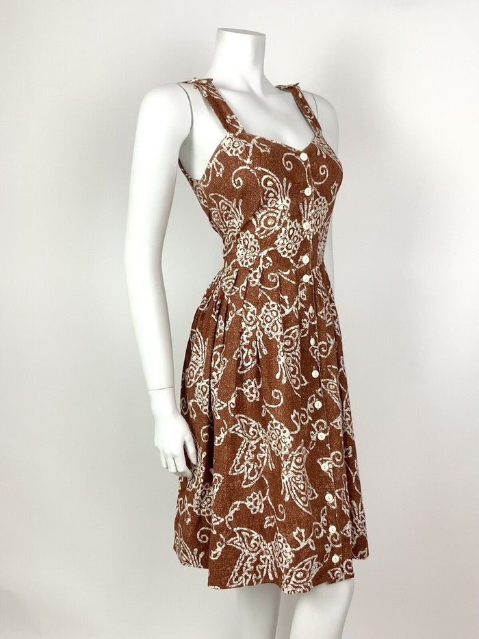 VTG 70s 80s BROWN WHITE FLORAL BATIK STRAPPY CROSS BACK SUMMER SUNDRESS 10