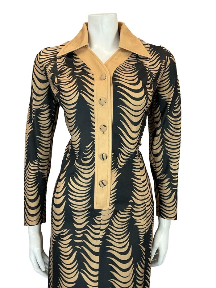 VTG 70S BEIGE BLACK PSYCHEDELIC ABSTRACT WAVY STRIPE WING COLLAR SHIRT DRESS 16