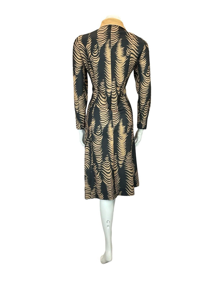 VTG 70S BEIGE BLACK PSYCHEDELIC ABSTRACT WAVY STRIPE WING COLLAR SHIRT DRESS 16