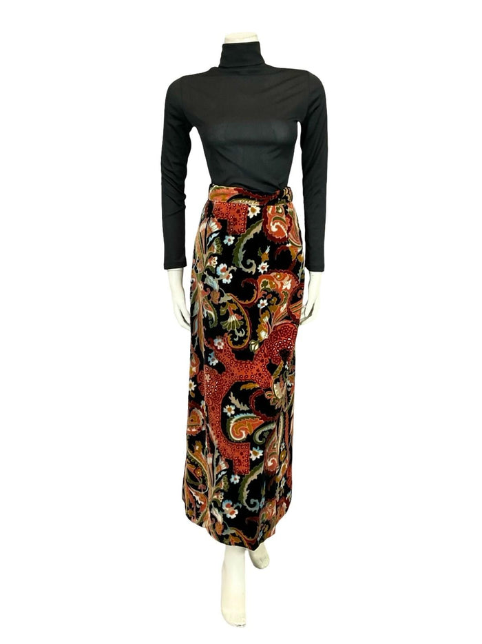 VTG 70S BLACK BROWN WHITE RED PSYCHEDELIC FLORAL VELVET MAXI SKIRT 4
