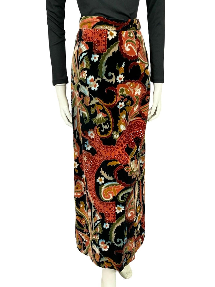 VTG 70S BLACK BROWN WHITE RED PSYCHEDELIC FLORAL VELVET MAXI SKIRT 4