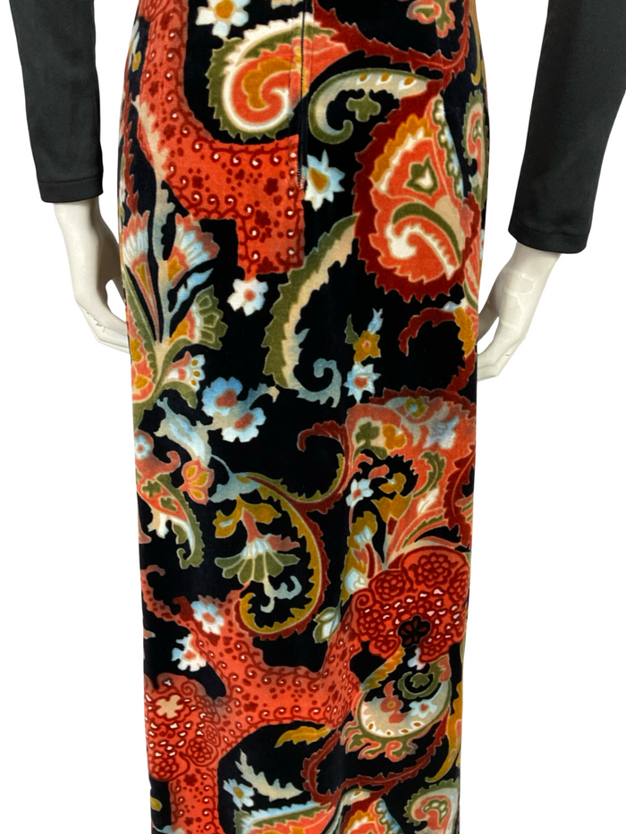 VTG 70S BLACK BROWN WHITE RED PSYCHEDELIC FLORAL VELVET MAXI SKIRT 4