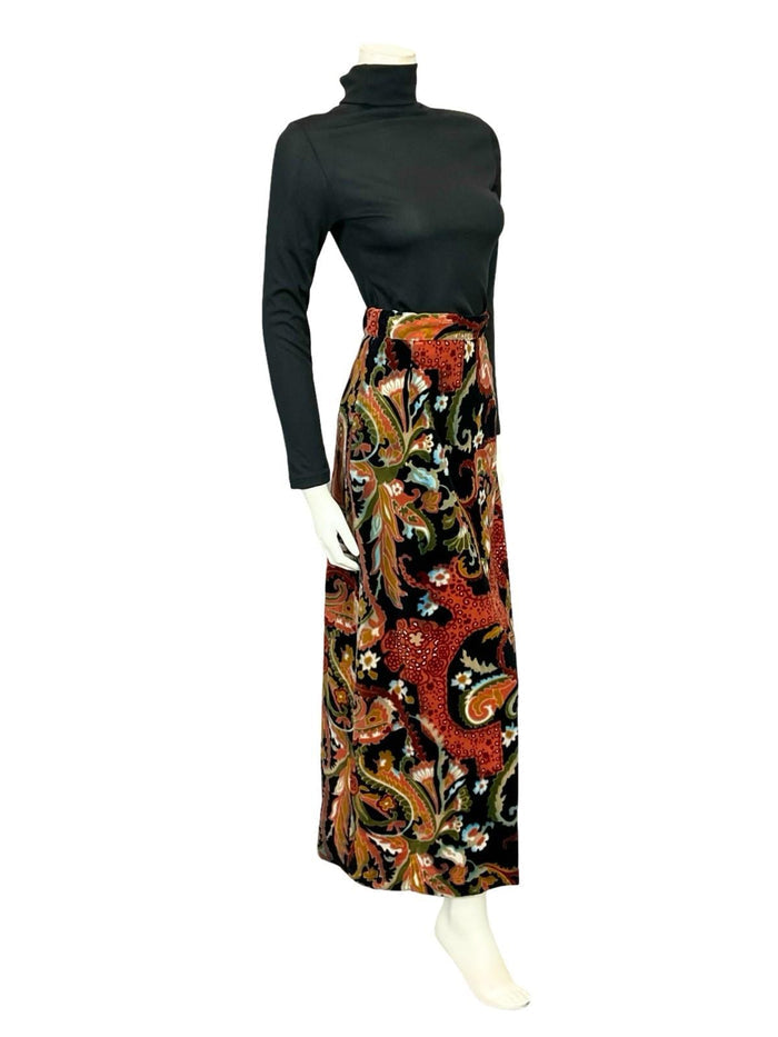 VTG 70S BLACK BROWN WHITE RED PSYCHEDELIC FLORAL VELVET MAXI SKIRT 4