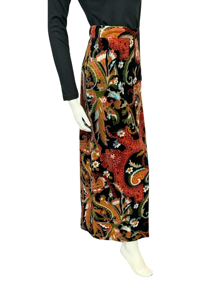 VTG 70S BLACK BROWN WHITE RED PSYCHEDELIC FLORAL VELVET MAXI SKIRT 4