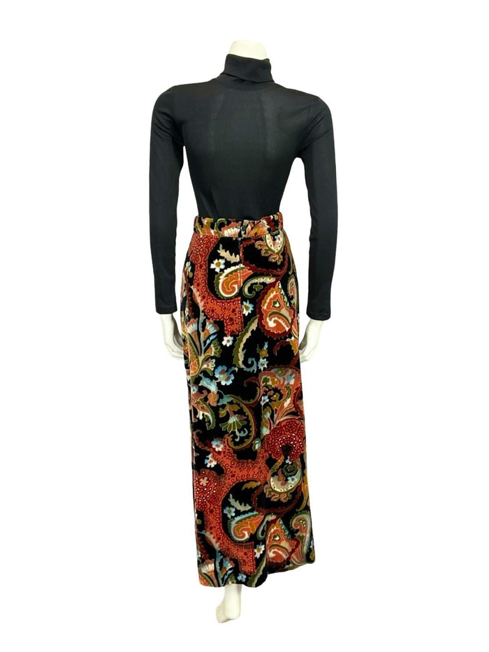 VTG 70S BLACK BROWN WHITE RED PSYCHEDELIC FLORAL VELVET MAXI SKIRT 4