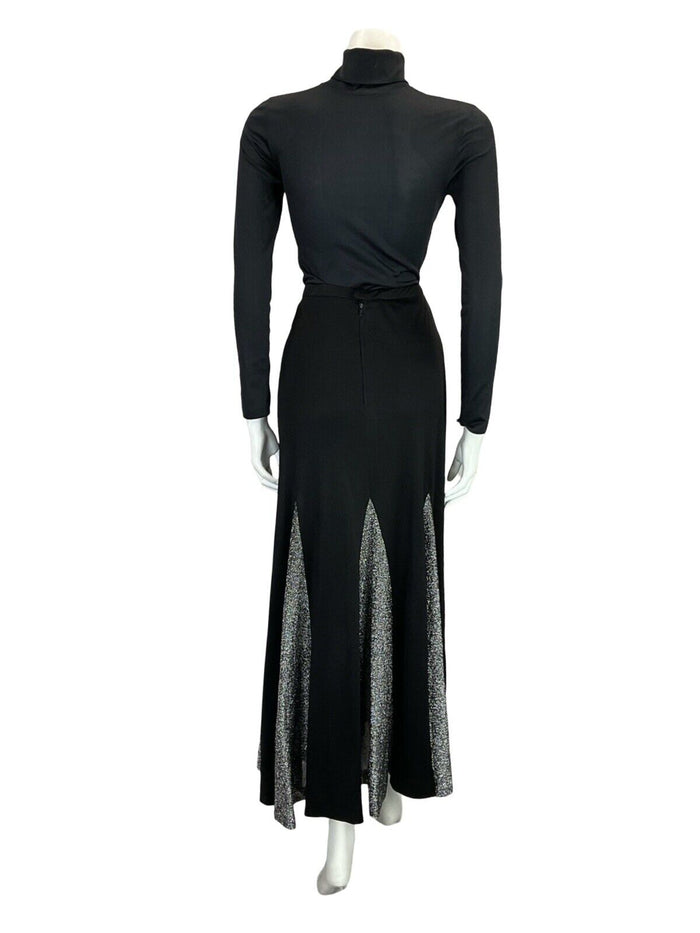 VTG 70S BLACK CHARCOAL SILVER LUREX DART DISCO TWIRL FLARE MIDI SKIRT S 8 10