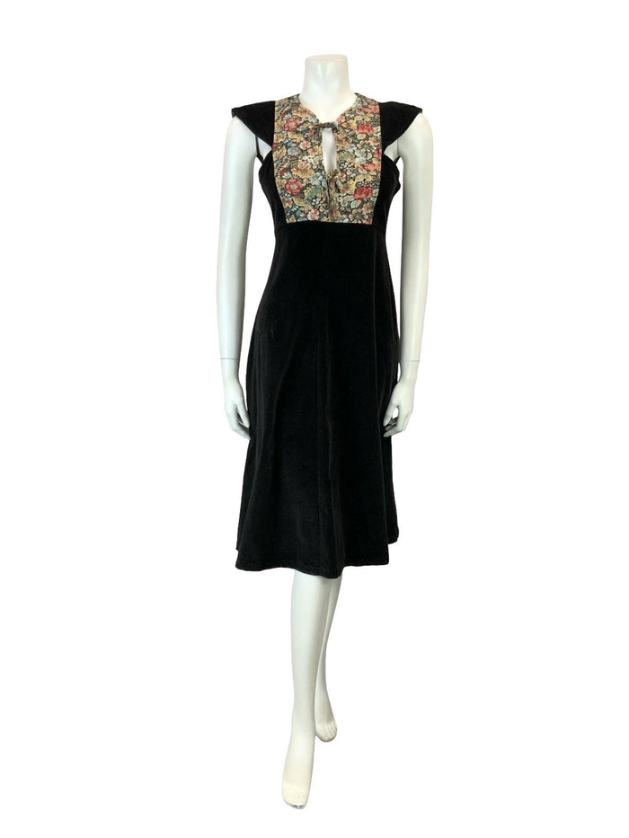 VTG 70S BLACK CORDUROY PINK BEIGE GREEN FLORAL BIB FOLK FLORAL EMPIRE DRESS XS 6