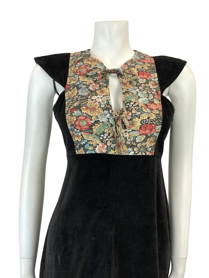VTG 70S BLACK CORDUROY PINK BEIGE GREEN FLORAL BIB FOLK FLORAL EMPIRE DRESS XS 6