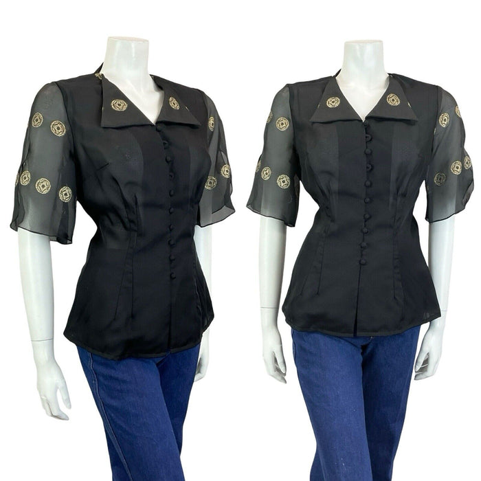 VTG 70S BLACK GOLD ART DECO FLOATY SLEEVE WING COLLAR FITTED PARTY TOP 10