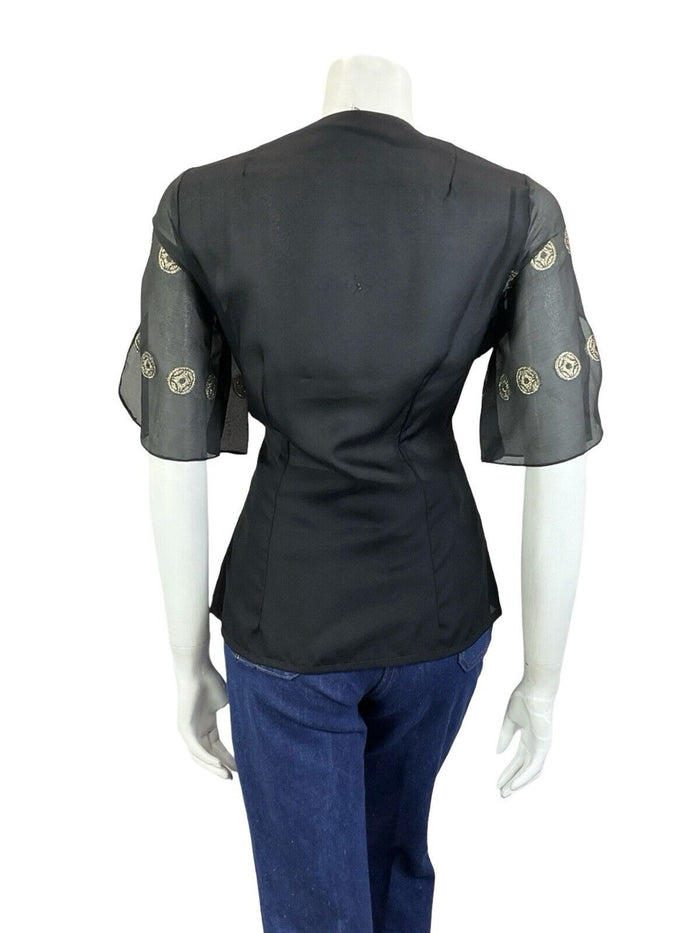 VTG 70S BLACK GOLD ART DECO FLOATY SLEEVE WING COLLAR FITTED PARTY TOP 10