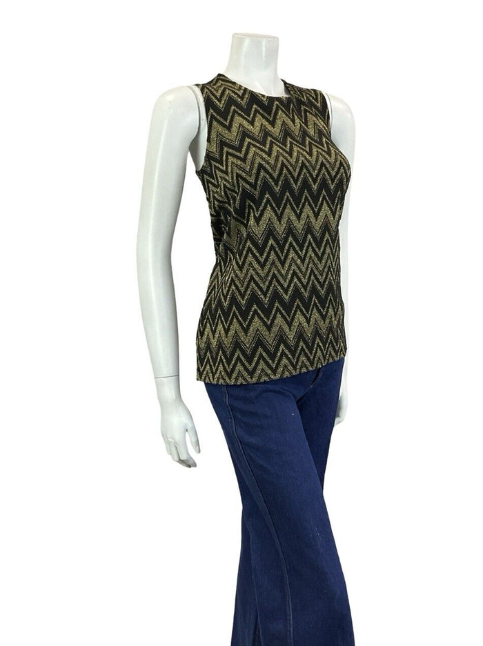 VTG 70S BLACK GOLD GEOMETRIC ZIG ZAG CHEVRON METALLIC DISCO PARTY TANK TOP 8