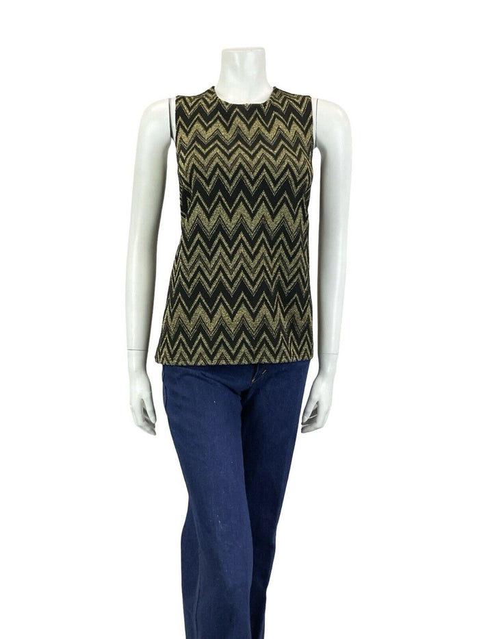 VTG 70S BLACK GOLD GEOMETRIC ZIG ZAG CHEVRON METALLIC DISCO PARTY TANK TOP 8