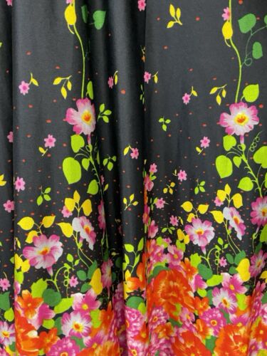 VTG 70S BLACK GREEN PINK ORANGE FLORAL PLUNGING NECK BUTTON UP MAXI DRESS 10 12