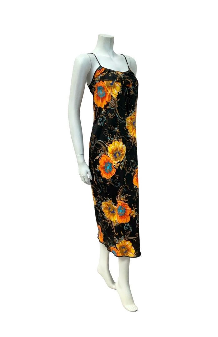 VTG 70S BLACK ORANGE BLUE POPPY PAISLEY RUFFLE PSYCHEDELIC SUN DRESS 10
