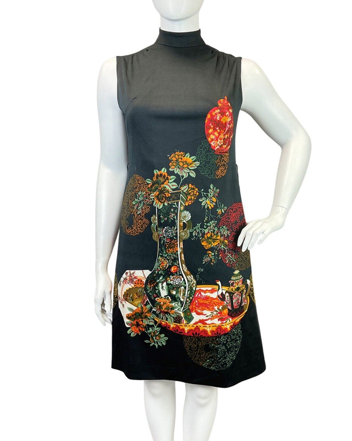 VTG 70s  BLACK ORANGE GREEN FLORAL CHINESE TEAPOT VASE TURTLENECK DRESS 16 18