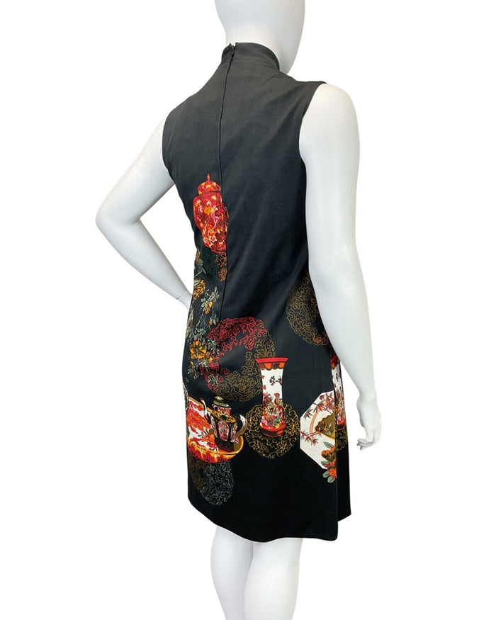 VTG 70s  BLACK ORANGE GREEN FLORAL CHINESE TEAPOT VASE TURTLENECK DRESS 16 18