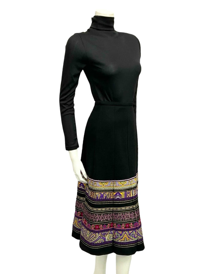 VTG 70S BLACK PURPLE YELLOW HIPPY FOLK FLORAL METALLIC TRIM QUILTED SKIRT 8